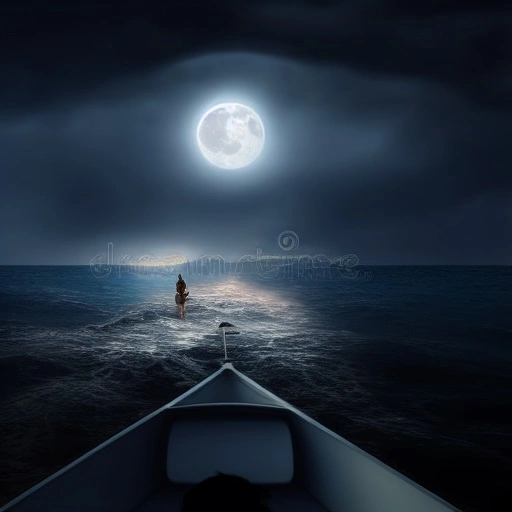 01779-2301117433-ocean, storm, heavy rain, night, moon, 4 afraid men in a tiny boat, man dressed in white walking on water towards that boat, rea.webp